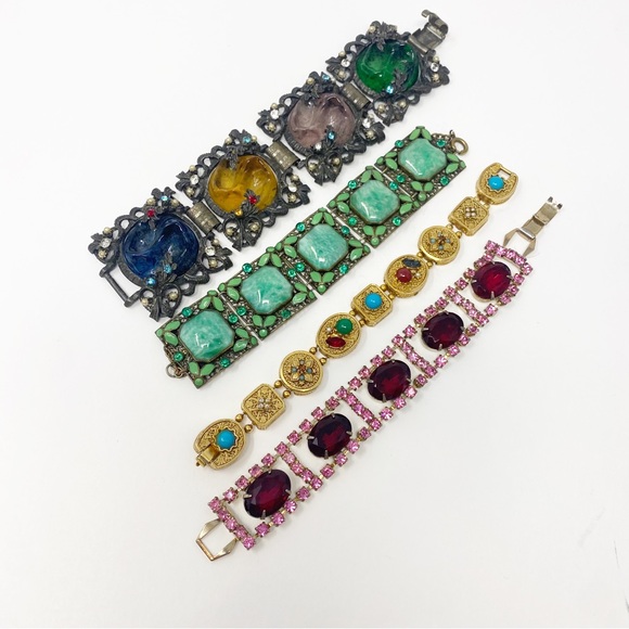 680 Collection Of 4 Vintage Ornate Link Bracelets, All Mixed Materials - Picture 4 of 13